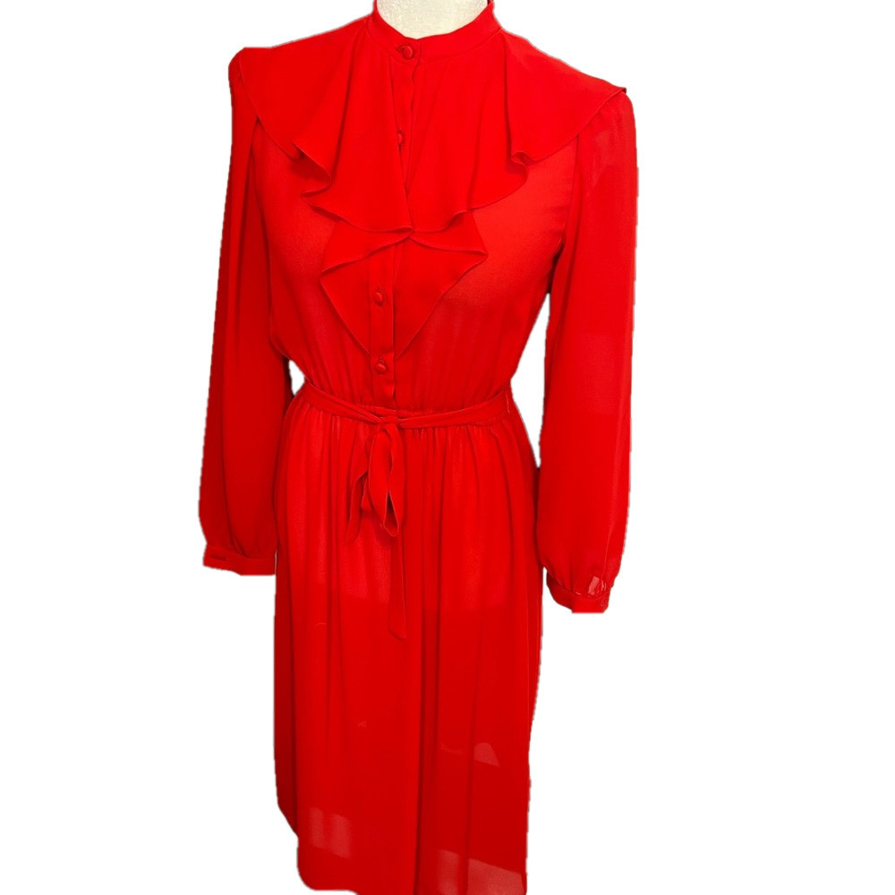 RARE Red Ruffled Dress Vintage 1970's red ruffled long sleeve dress Union Made 8